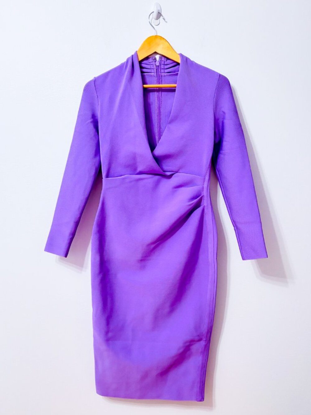 Purple Ribbed Bodycon Midi Dress Long Sleeve Surplice V-Neck Ruched Small